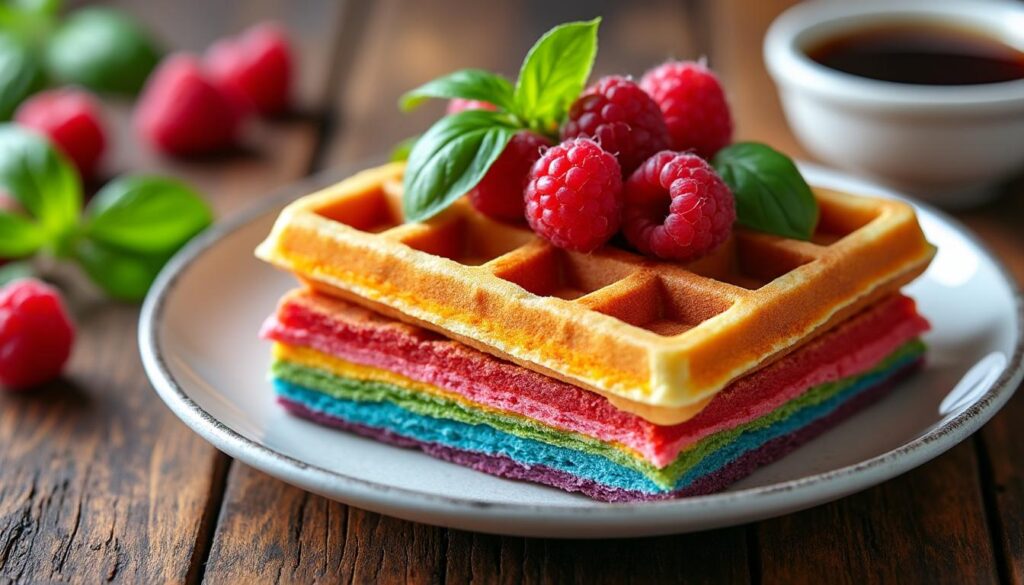 découvrez une recette facile et rapide de gaufres arc en ciel aux saveurs fraîches de framboise et basilic, idéale pour un dessert coloré et fruité.