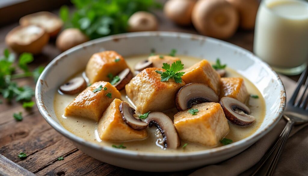 découvrez une recette facile de chapon en morceaux à la crème et champignons, idéale pour un repas savoureux et réconfortant.