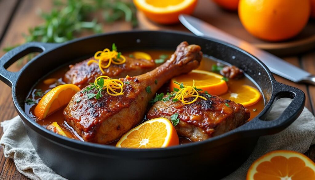 découvrez une recette facile et rapide de canard à l'orange en cocotte, idéale pour un repas savoureux et gourmand en toute simplicité.