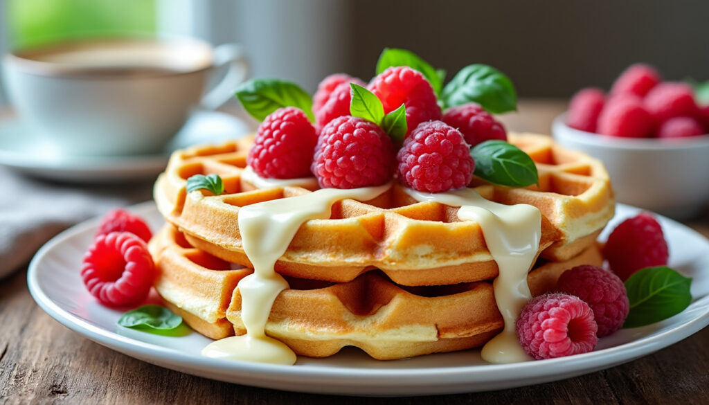 découvrez une recette facile et gourmande de gaufres au chocolat blanc, framboises fraîches et basilic pour un dessert original et savoureux.