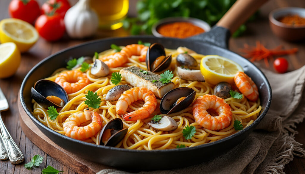 découvrez notre recette facile et rapide de fideuà catalane aux fruits de mer, un plat savoureux typique de la méditerranée à préparer en un rien de temps.