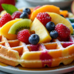 préparez une gaufre arc-en-ciel facile et colorée, garnie de fruits exotiques pour un dessert gourmand, frais et plein de soleil.