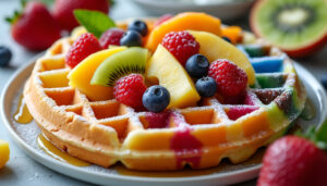 préparez une gaufre arc-en-ciel facile et colorée, garnie de fruits exotiques pour un dessert gourmand, frais et plein de soleil.