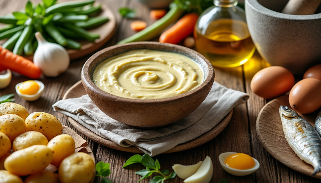 découvrez la recette de l’aïoli de grand-mère, une sauce provençale traditionnelle, généreuse et savoureuse, préparée avec des ingrédients simples.